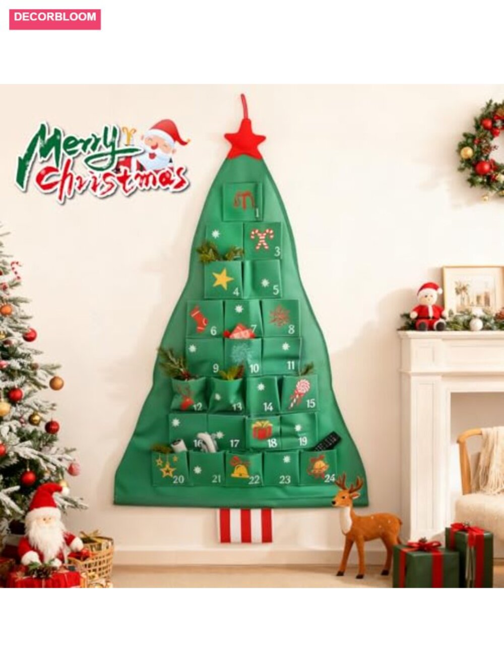 24-Pocket Christmas Tree Advent Calendar Cotton Linen Wall Decor